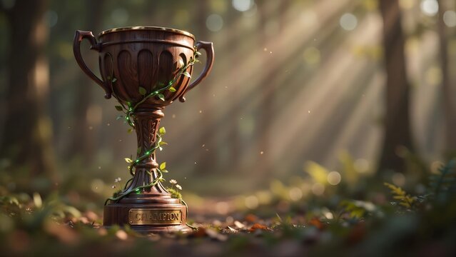A wooden trophy cup engraved with the word champion, adorned with glowing vines and small flowers, standing in a sunlit, mystical forest clearing