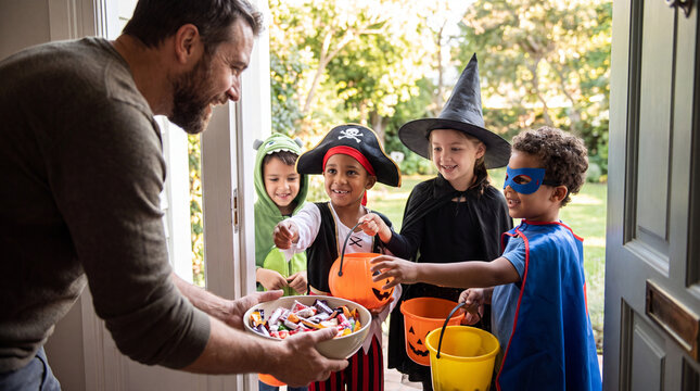 Man Giving Candy to Children in Halloween Costumes at Front Door for Trick or Treating