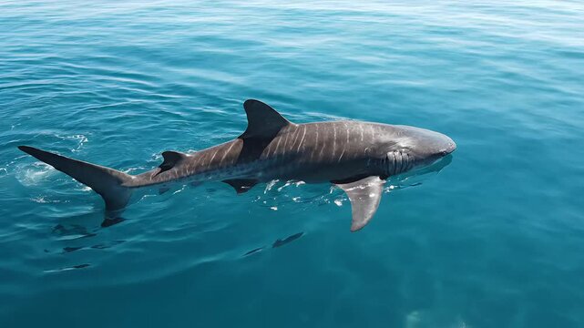 Large basking shark swimming gracefully in deep blue ocean water. Majestic marine wildlife photography capturing natural behavior of giant sea predator in open sea habitat.