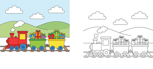 Naklejka premium Cute Cartoon Train Carrying Gift Boxes Vector Illustration with Coloring Page Line Art for Kids Activity Book
