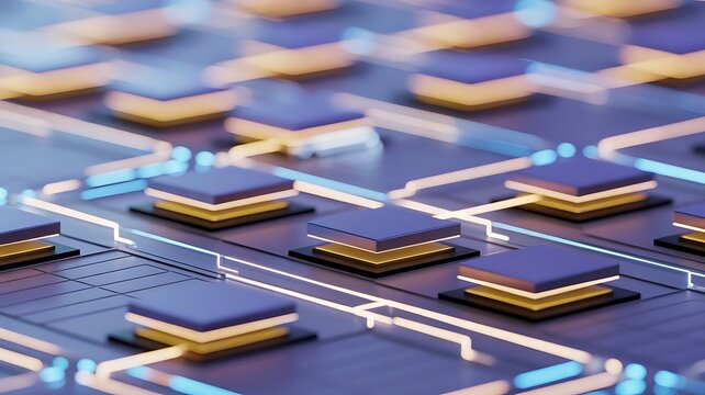 Abstract 3d render of a futuristic microchip processor array with glowing light paths on a dark blue background, for advanced computing technology