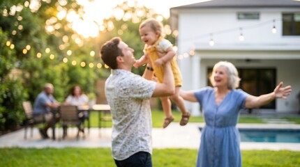 Fototapeta premium Blurred family celebration in backyard at sunset with father lifting toddler high in the air while grandmother watches with open arms creating joyful atmosphere of love and unity