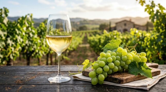 Glass of white wine and fresh grapes on a table in a vineyard