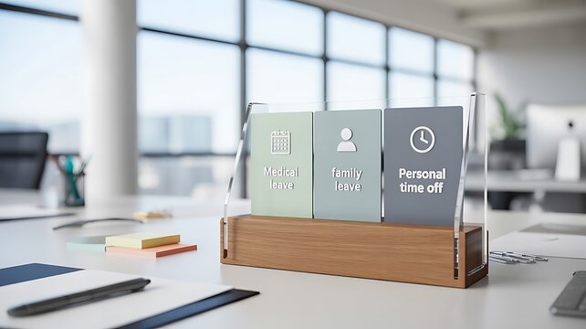 Acrylic desk sign displaying medical leave, family leave, and personal time off on a clean office desk with blurred background workspace