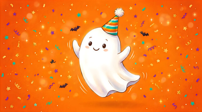 Cute cartoon ghost wearing a party hat on orange background