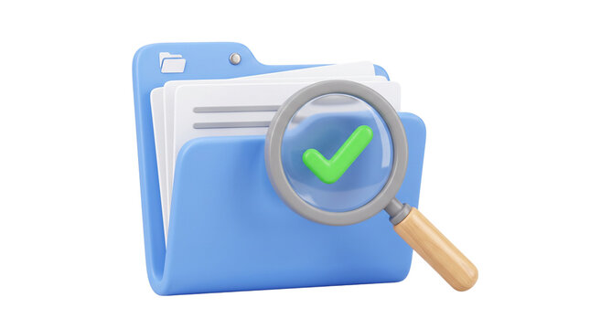 3d rendered blue folder icon with documents and magnifying glass showing green checkmark, concept of verified files and organization.