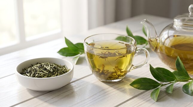 Glass teapot and cup of green tea with ceramic bowl of dried tea leaves on white wooden background for healthy morning ritual and natural organic beverage advertisement and lifestyle