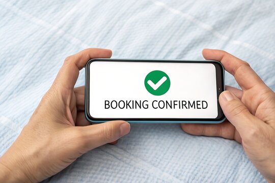 Person holding smartphone showing booking confirmed screen with checkmark smartphone confirmed reservation checkmark