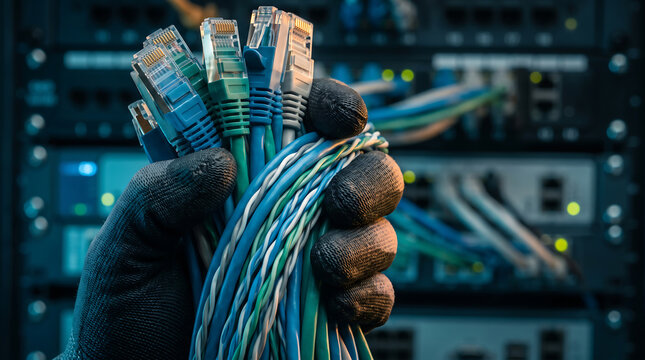 It engineer holding network cables in data center server room environment with ethernet engineer technician connectivity infrastructure internet communication hardware computer