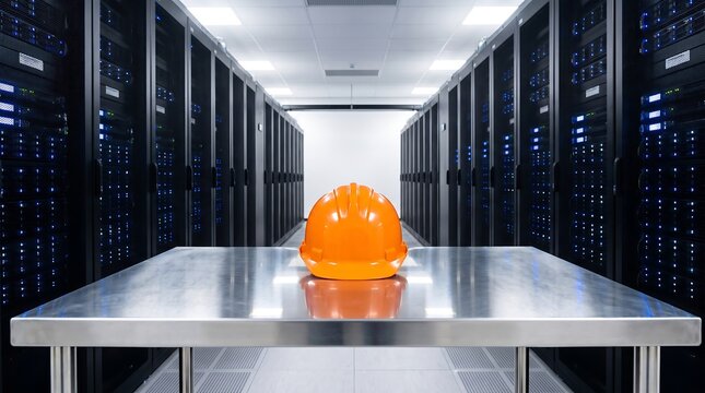 Bright orange construction hard hat sitting on stainless steel table in center of modern server room with rows of data racks