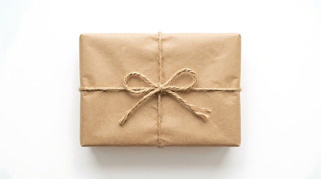 Small gift box wrapped in brown paper with jute string bow