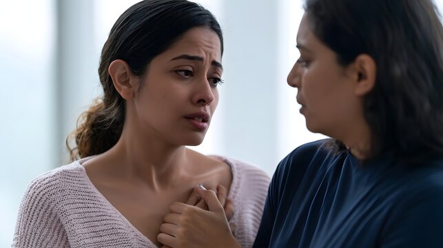A woman appears distressed while another person gently holds her hand near her chest in a softly lit indoor setting