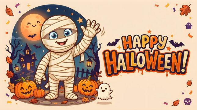 Cute mummy character saying happy halloween