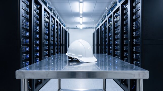 Clean white safety hard hat resting on stainless steel table in center of modern server room aisle with rows of dark data racks