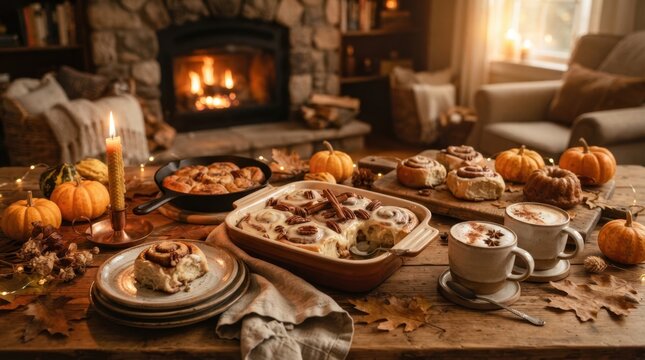 Cozy autumn breakfast with cinnamon rolls and pumpkins by the fireplace