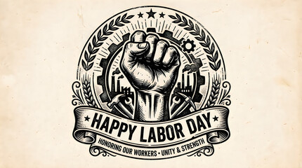 Obraz premium Happy labor day emblem with raised fist and factory gear