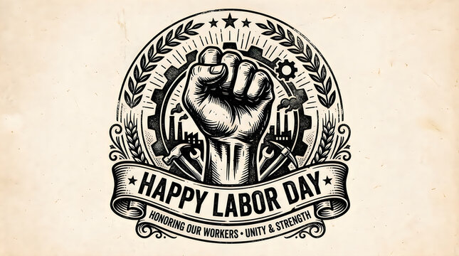 Happy labor day emblem with raised fist and factory gear