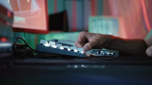 Male hacker holding a computer component in a dark room with red and green lights