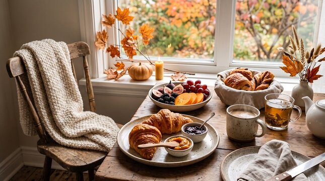 Thanksgiving Breakfast by the Window - Relaxing Thanksgiving breakfast with pastries, coffee, and seasonal decorations beside a bright autumn window before the family feast begins.