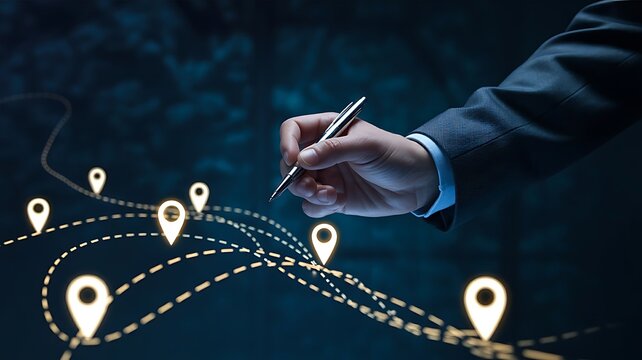 Businessman hand holding a pen a digital navigation route with glowing location pin markers on a dark blue background, for logistics planning