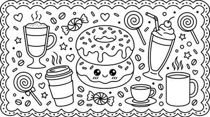 Kawaii Sweet Coffee and Donuts Line Art Vector Set with Cute Milkshake Lollipop Candy and Espresso Cups for Coloring Page Designs © Rifat