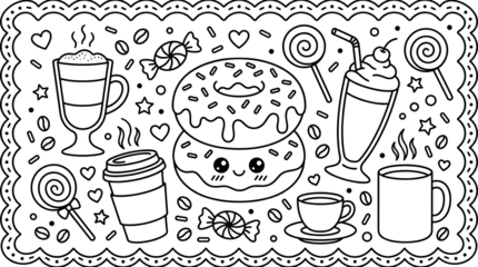 Kawaii Sweet Coffee and Donuts Line Art Vector Set with Cute Milkshake Lollipop Candy and Espresso Cups for Coloring Page Designs © Rifat