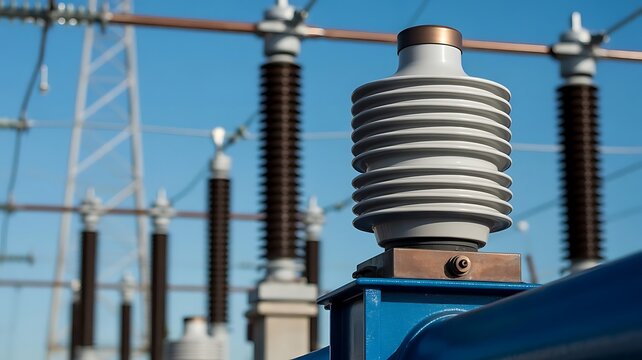 Close up of a white ceramic electrical insulator on a blue metal base at a power substation with transmission towers against a clear blue sky