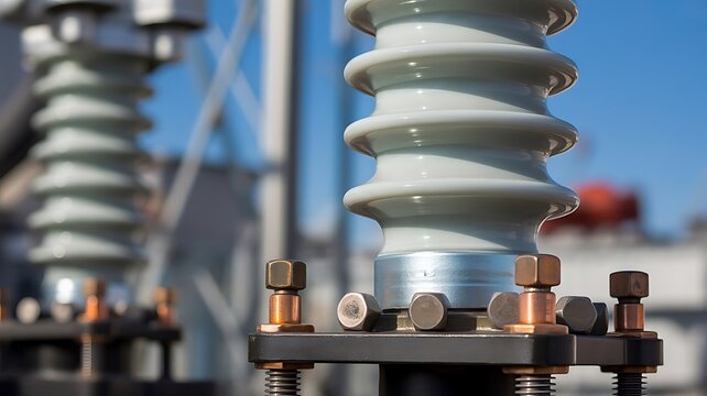 Close up of voltage electrical porcelain insulators with metal hardware and copper bolts on a power substation structure under blue sky