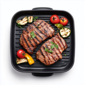 Grilled Beef Steaks Prepared in Cast Iron Grill Pan Isolated on White Background