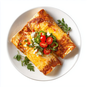 Mexican Baked Beef Enchiladas Covered with Cheese and Sauce Isolated on White
