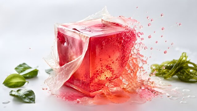 Molecular gastronomy red jelly cube, artistic food splash with gelatin texture, gourmet dessert presentation with green herbs on white background