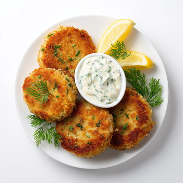 Salmon Fish Cakes with Tartar Sauce Isolated on White
