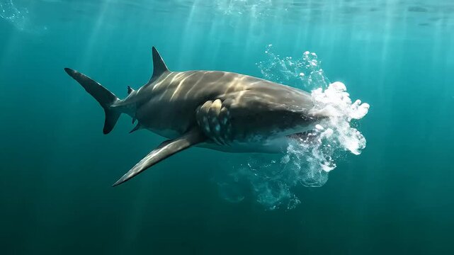Majestic basking shark swimming in deep ocean water with air bubbles rising to surface. Underwater photography of a filter feeding marine animal in its natural habitat.