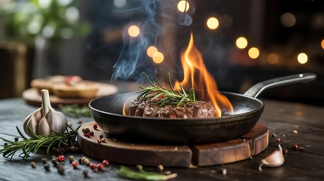 Delicious grilled steak in a frying pan with flames and fresh rosemary on a dark wooden table with blurred golden bokeh lights in background