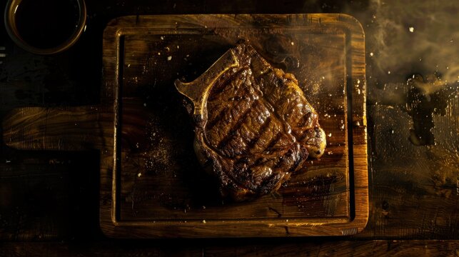 A succulent Argentine steak sizzles on a rustic grill, its perfectly charred crust sealing in intense beefy juices. The thick, grass-fed cut, known locally as asado, displays exquisite marbling and a 