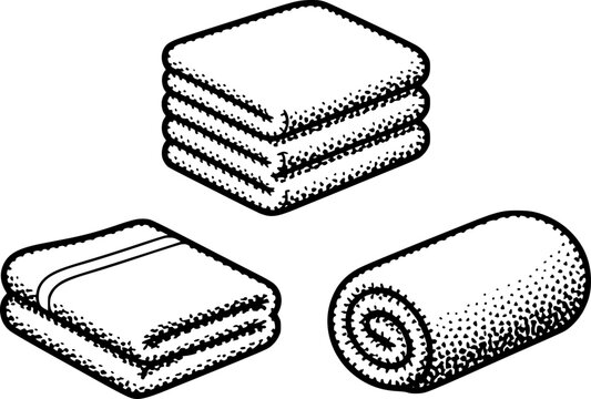 ホームデコレーション用のシンプルな白黒線画スタイルで描かれた、折りたたまれたタオルと丸められたタオルのコレクション