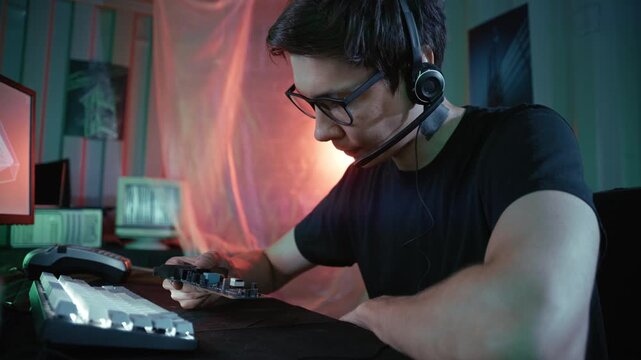 In a dark room with glowing red and green indicators, a male hacker clutches a critical computer component. His headset suggests active communication during the operation.