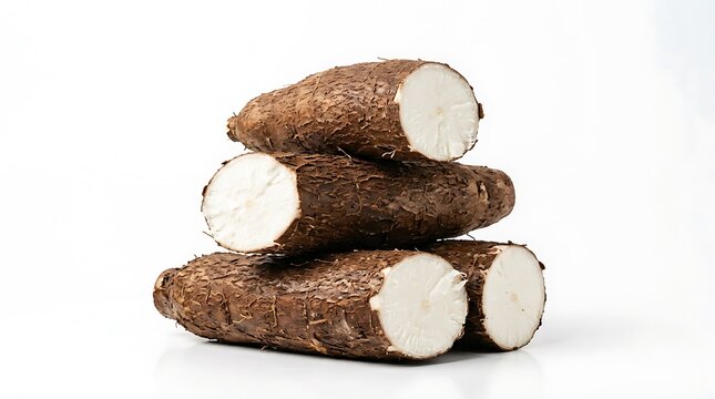 Stack of fresh raw cassava roots on white background