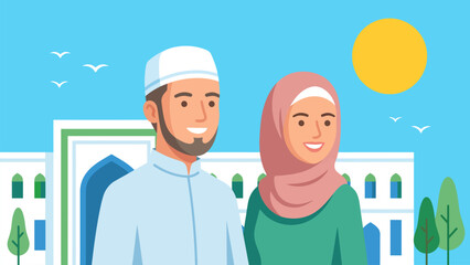 Flat vector illustration of a smiling Muslim couple with elegant mosque architecture, representing Islamic lifestyle, faith, family values, cultural diversity, and community harmony.