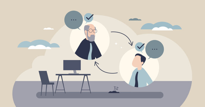 Reverse mentoring Tiny concept shows cross generational coaching, two colleagues exchange ideas via arrows, with speech bubbles and a desk computer. Tiny style