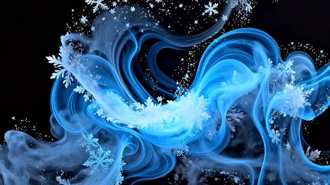 Abstract swirling blue and white patterns with snowflakes