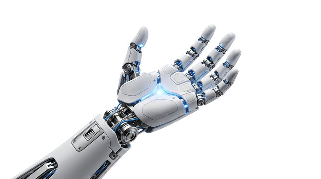 Advanced white robotic hand isolated on transparent background futuristic cybernetic prosthetic technology concept precision mechanical fingers with blue neon lighting.