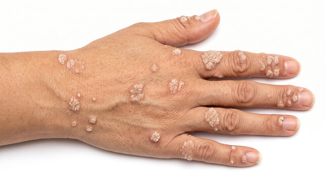 Multiple Clustered Warts Lesions on light Skinned Hand 