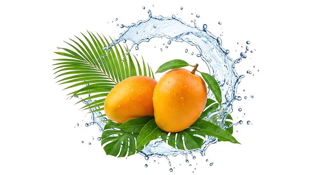 Fresh mango fruits with green palm leaves and water splash