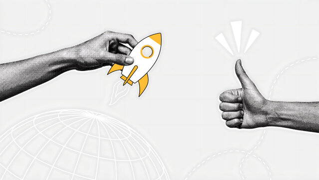 Conceptual illustration of hand launching a rocket above a globe with thumb