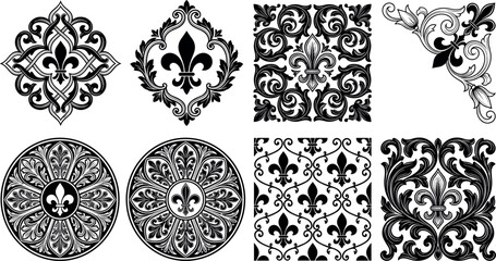 Vintage Fleur De Lis Ornament Vector Set with Elegant Baroque Ornate Tiles Mandalas and Corner Frame Elements for Damask Luxury Patterns © Md