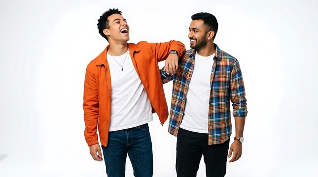 Two happy men laughing and talking together