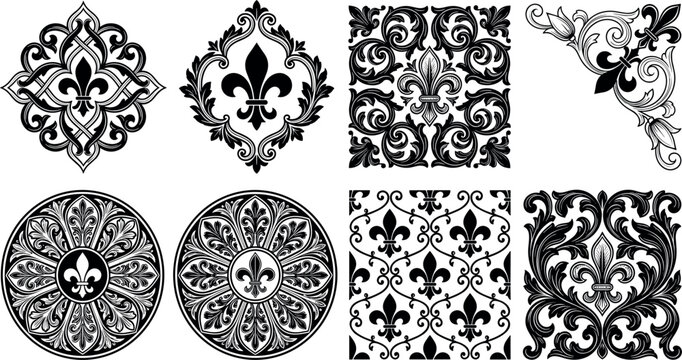 Vintage Fleur De Lis Ornament Vector Set with Elegant Baroque Ornate Tiles Mandalas and Corner Frame Elements for Damask Luxury Patterns