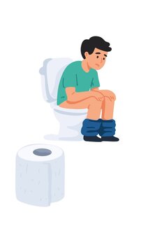 Person sitting on toilet with constipation animation