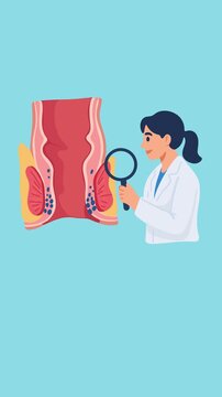 Doctor consulting patient with hemorrhoids animation